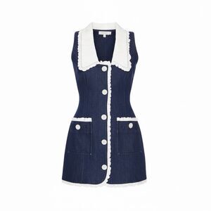 Fait Par Foutch Revolve Adrienna Blue Denim White Collared Belted Mini Dress NWT
